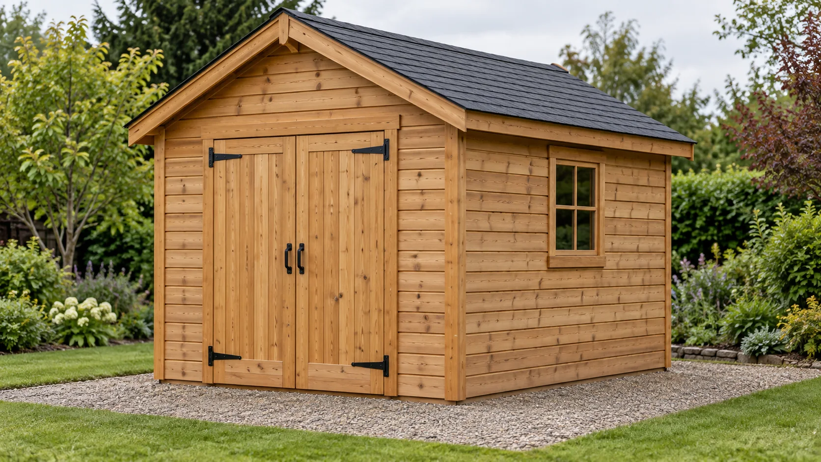 Finished timber 8 by 10 gable shed with double doors and a side window