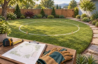 Concept illustration of a proposed circular pool site marked on a backyard lawn