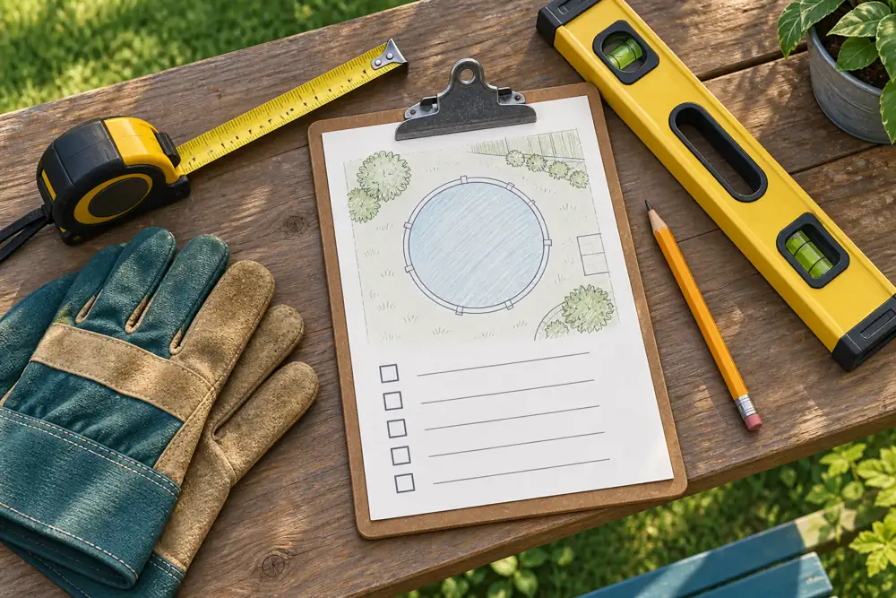 Illustration of a tape measure, level, gloves and pool planning checklist on a worktable