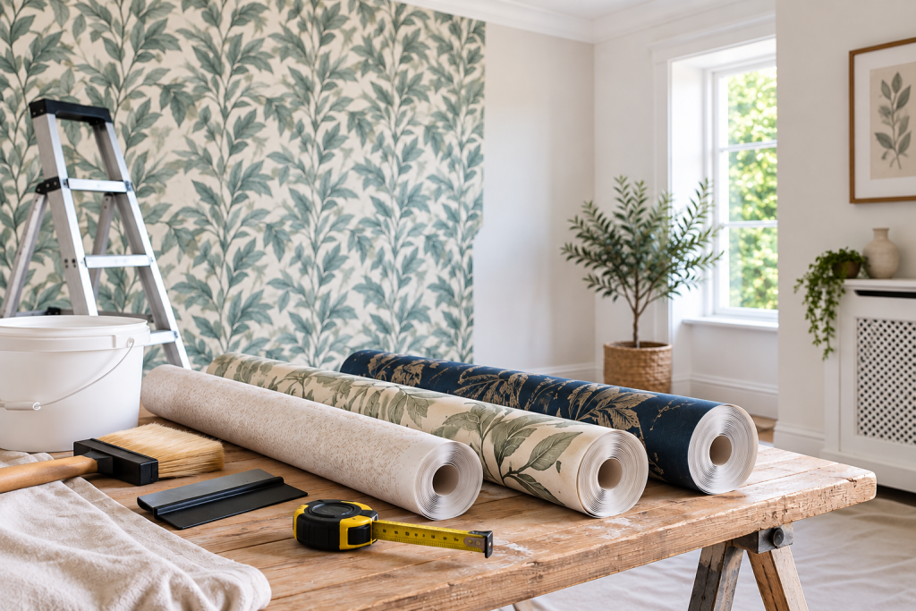 Decorator measuring a wall beside patterned wallpaper rolls before a wallpaper installation