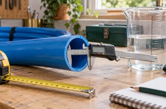 Water pipe internal bore measured with calipers beside a graduated container
