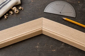 Two wood trim pieces meeting at a flat obtuse miter joint beside a protractor.