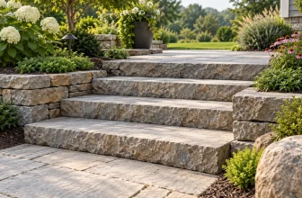Broad stone garden steps connect planted landscape levels.