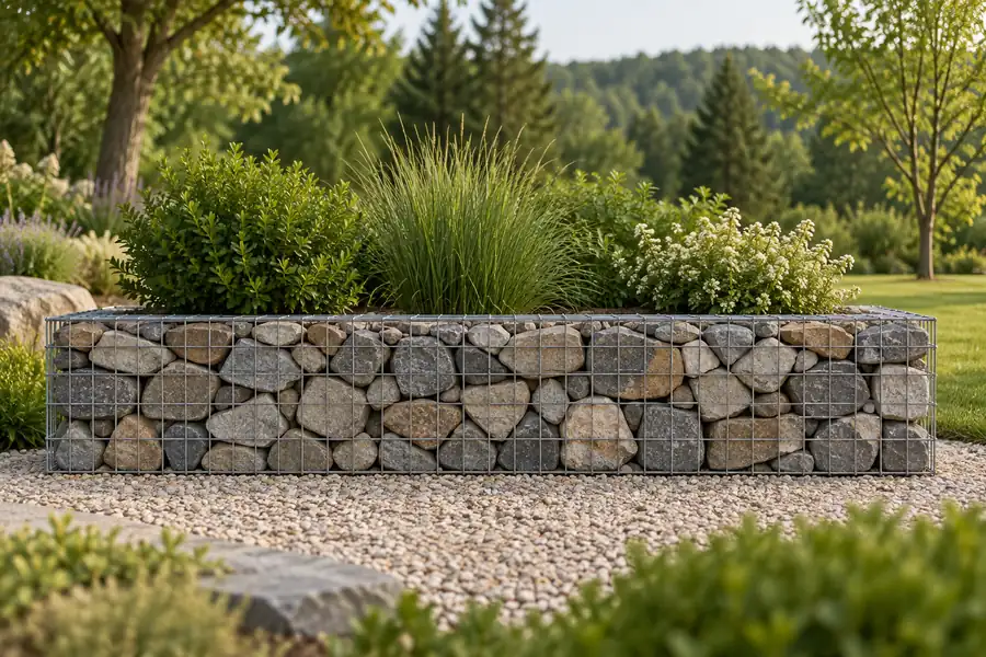 low rectangular wire gabion landscape basket filled with angular natural stone, freestanding garden border, not a retaining wall — concept illustration