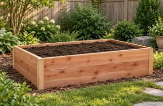 rectangular cedar raised garden bed with soil, unfinished ends visible, calm backyard garden — concept illustration