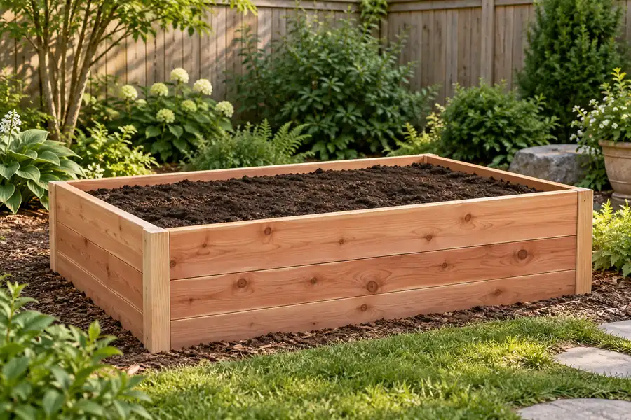 rectangular cedar raised garden bed with soil, unfinished ends visible, calm backyard garden — concept illustration