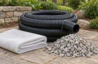 landscape drainage planning still life: coil of black perforated drainage pipe, folded white geotextile, small pile of clean gravel on an outdoor work area — concept illustration