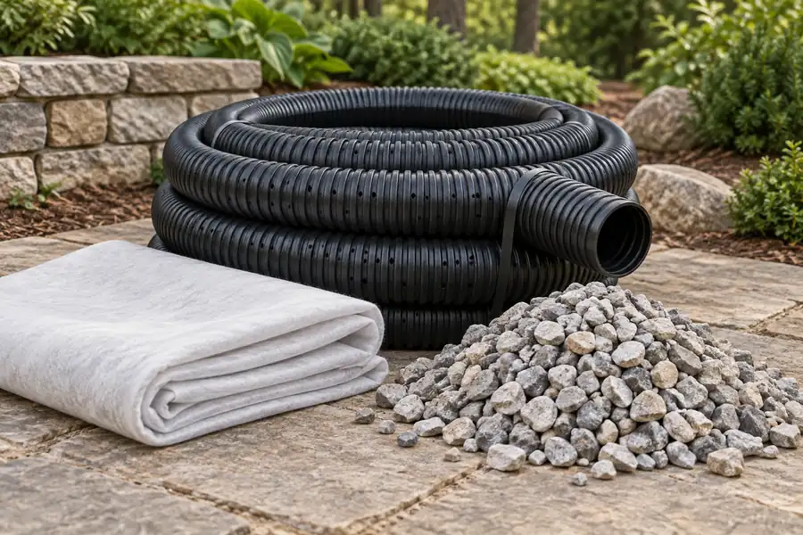 landscape drainage planning still life: coil of black perforated drainage pipe, folded white geotextile, small pile of clean gravel on an outdoor work area — concept illustration
