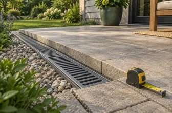 linear grated channel drain along the edge of a modest patio, low oblique close view, small measuring tape on adjacent paving — concept illustration
