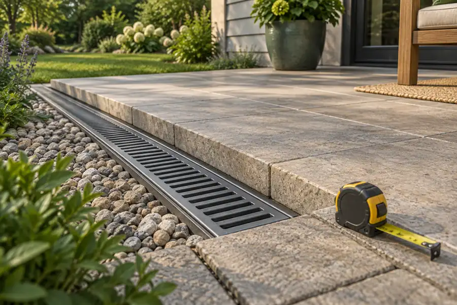 linear grated channel drain along the edge of a modest patio, low oblique close view, small measuring tape on adjacent paving — concept illustration