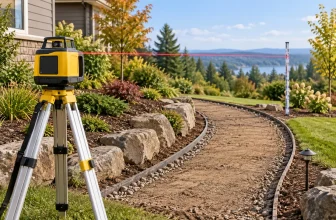 Surveying laser beside a gently sloping garden path.