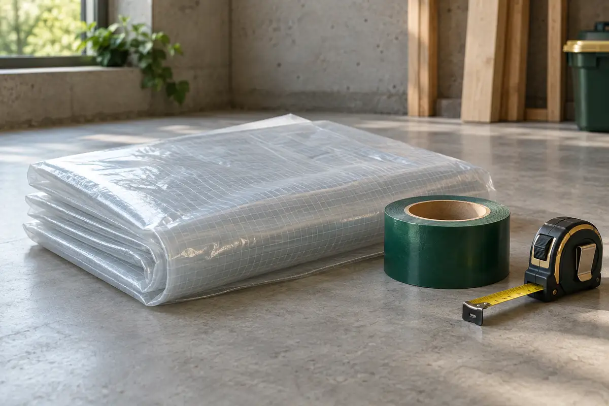 A folded translucent vapor barrier membrane, roll of compatible tape and measuring tape on a clean concrete floor — concept illustration