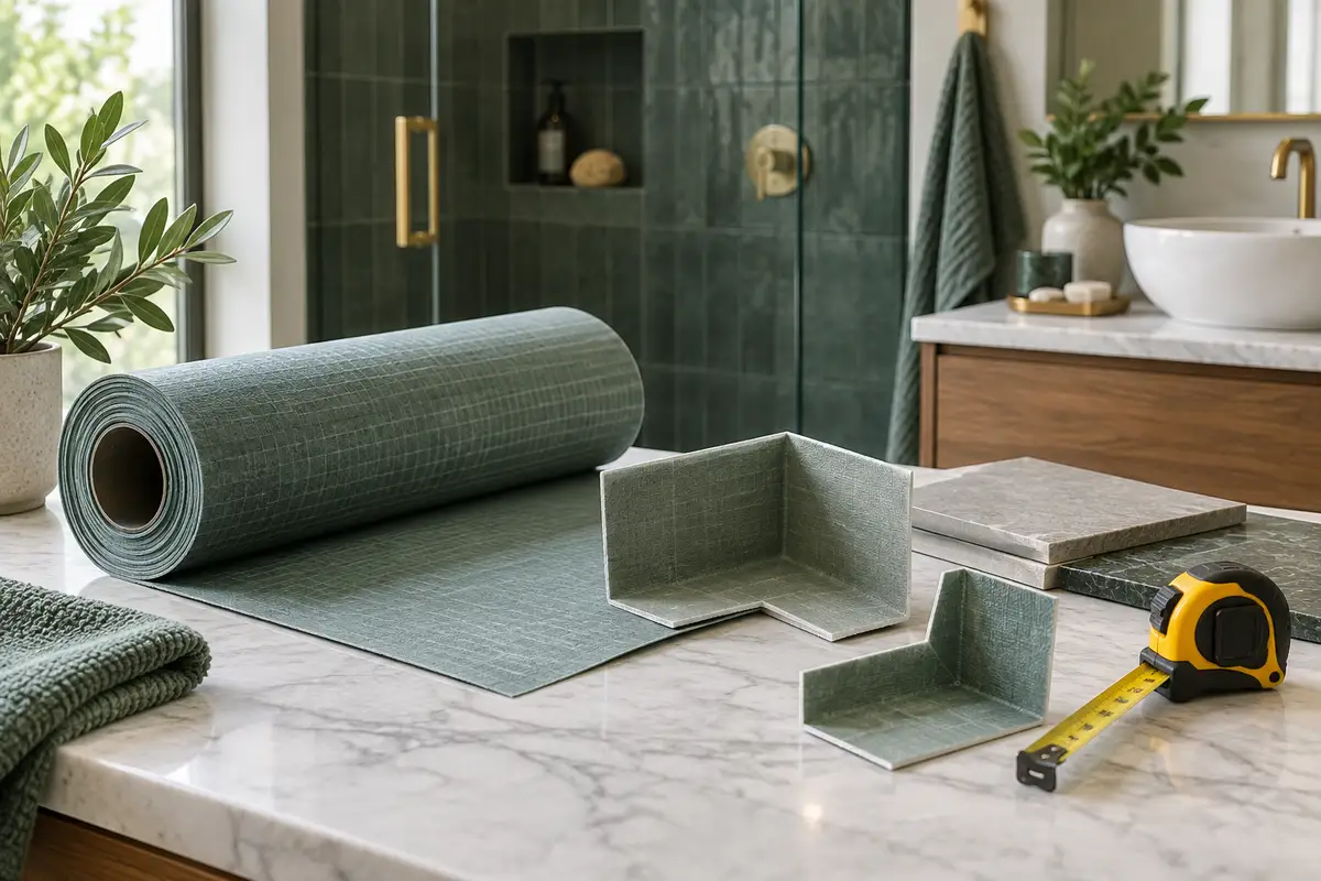 A bathroom renovation planning still life with waterproofing membrane sample, preformed corner pieces and measuring tape, no installation detail — concept illustration