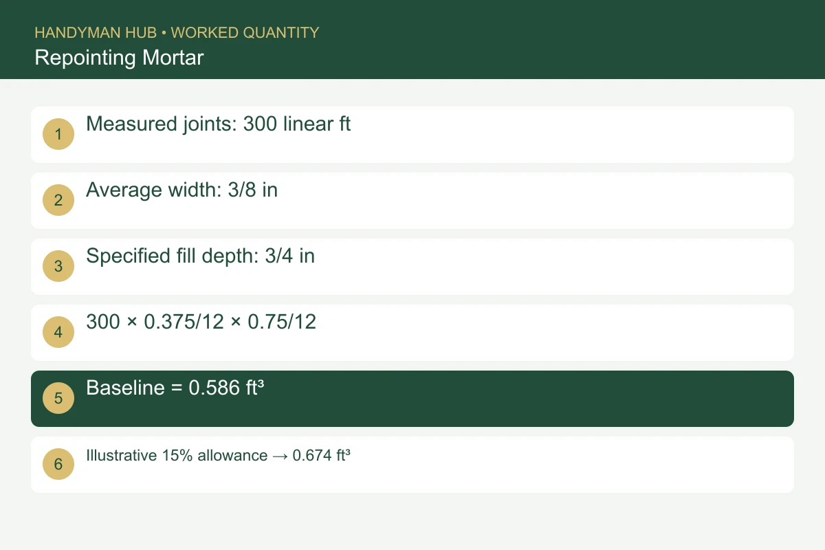 Measured joints: 300 linear ft. Average width: 3/8 in. Specified fill depth: 3/4 in. 300 × 0.375/12 × 0.75/12. Baseline = 0.586 ft³. Illustrative 15% allowance → 0.674 ft³