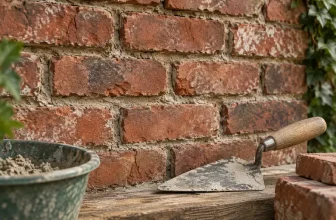 close view of old red brick masonry with weathered recessed mortar joints and pointing trowel resting nearby — concept illustration