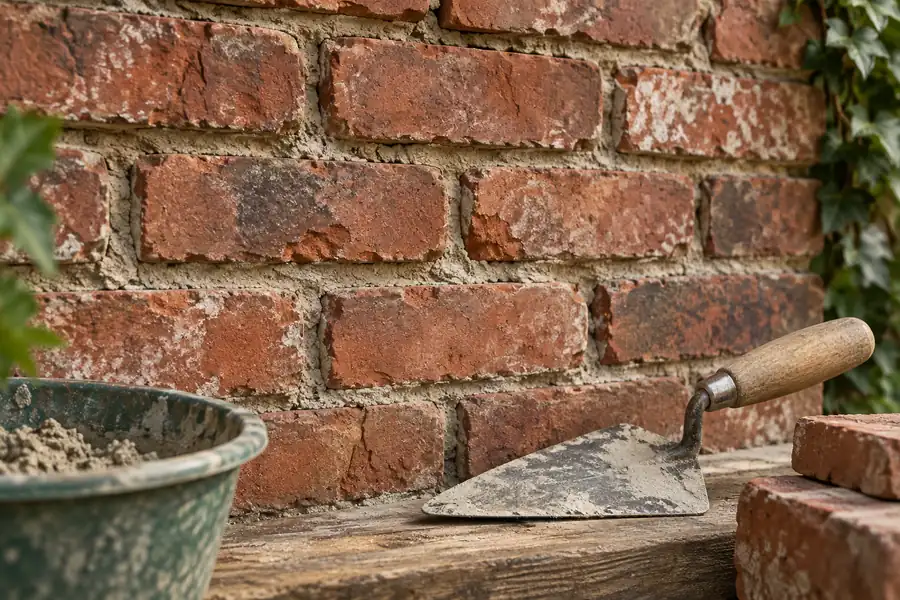 close view of old red brick masonry with weathered recessed mortar joints and pointing trowel resting nearby — concept illustration