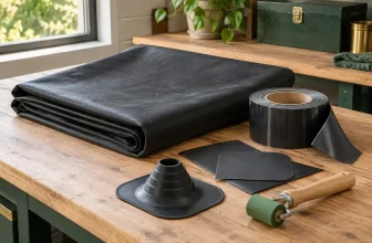 A folded sheet of black EPDM roofing membrane and compatible unbranded seam accessory samples on a tidy workbench — concept illustration