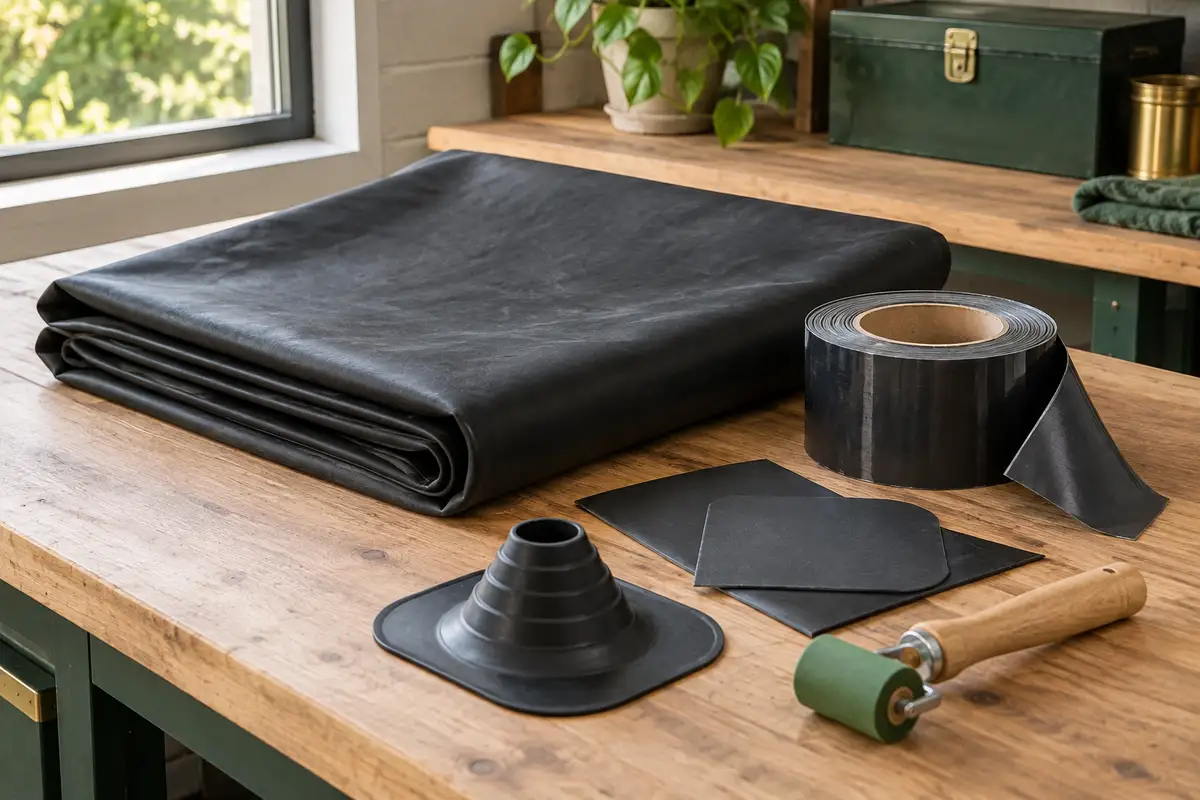 A folded sheet of black EPDM roofing membrane and compatible unbranded seam accessory samples on a tidy workbench — concept illustration