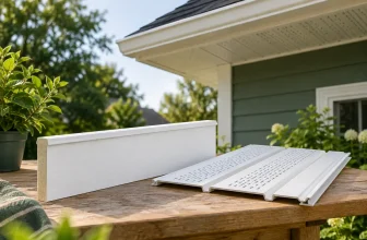 White fascia board and ventilated soffit samples on a bench, modest house eaves visible softly behind — concept illustration