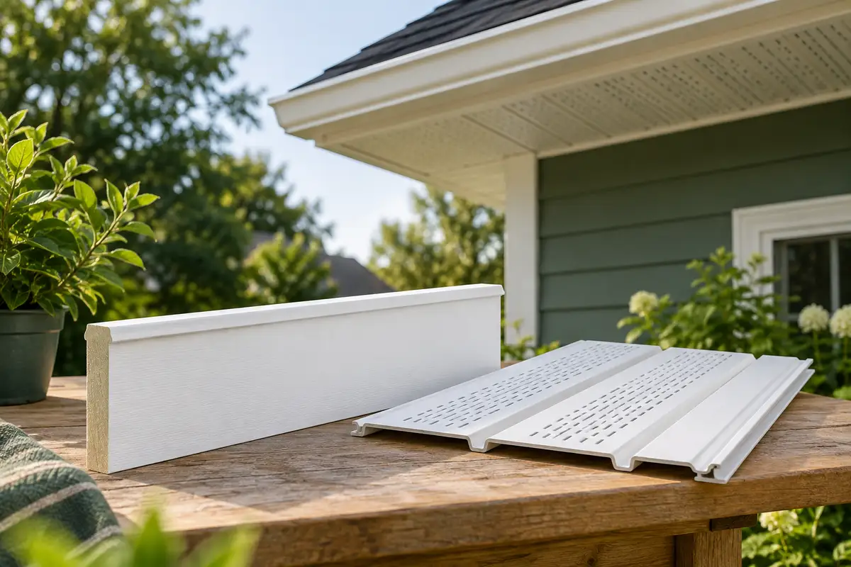 White fascia board and ventilated soffit samples on a bench, modest house eaves visible softly behind — concept illustration