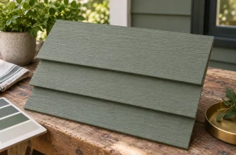 Overlapping horizontal fiber cement siding samples in muted sage green on a workbench, showing face exposure — concept illustration