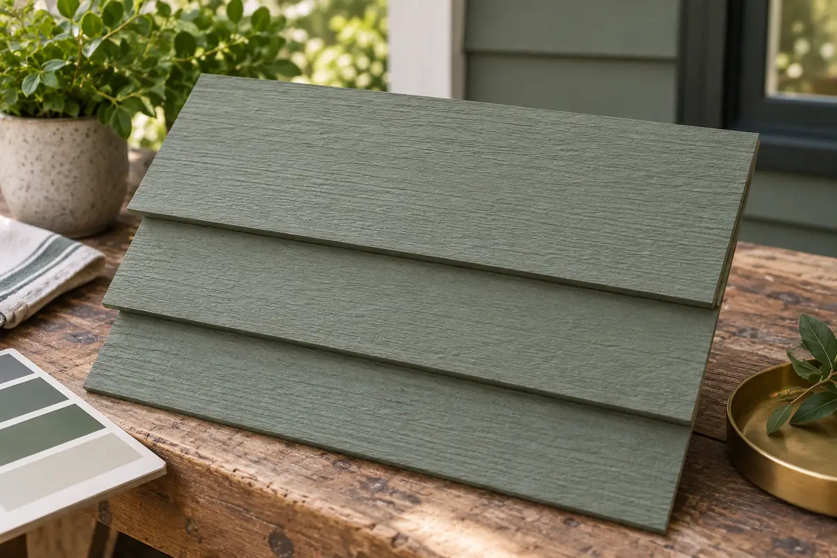 Overlapping horizontal fiber cement siding samples in muted sage green on a workbench, showing face exposure — concept illustration