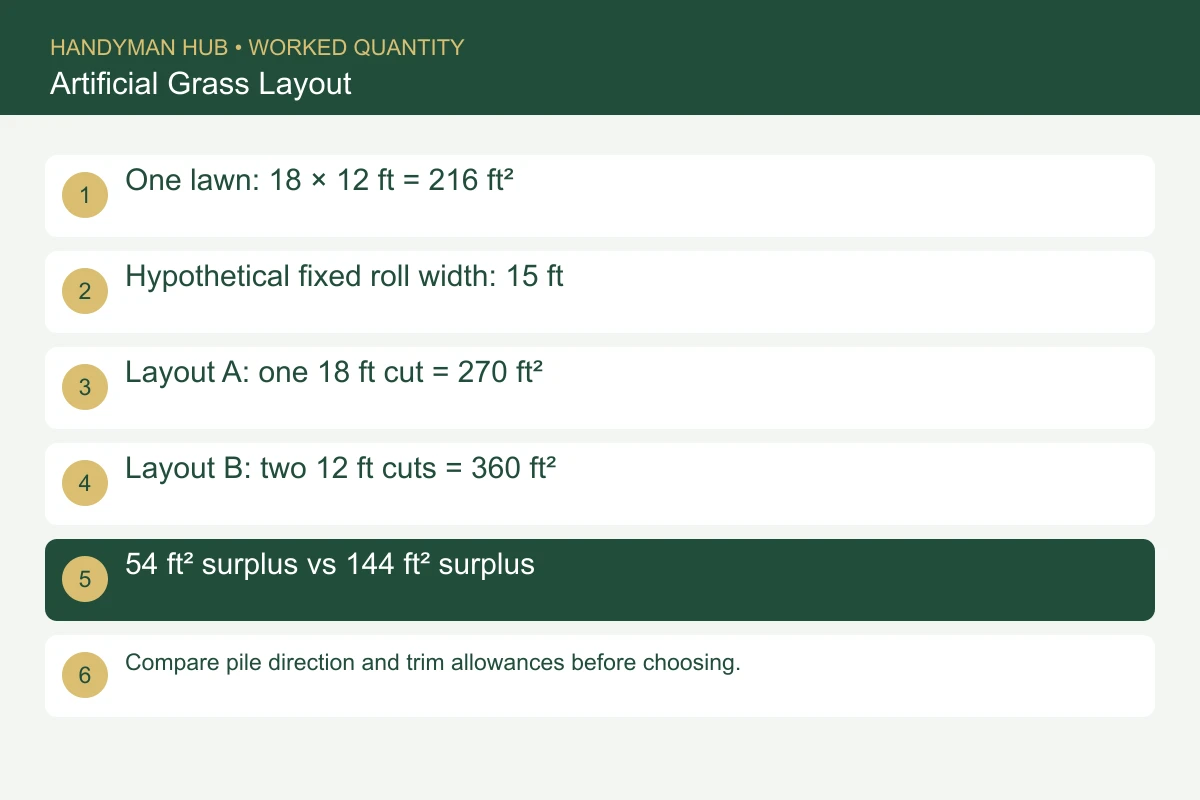 One lawn: 18 × 12 ft = 216 ft². Hypothetical fixed roll width: 15 ft. Layout A: one 18 ft cut = 270 ft². Layout B: two 12 ft cuts = 360 ft². 54 ft² surplus vs 144 ft² surplus. Compare pile direction and trim allowances before choosing.