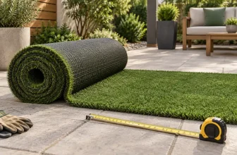 roll of artificial grass on a patio work area with unrolled turf strip and tape measure, clearly synthetic lawn — concept illustration