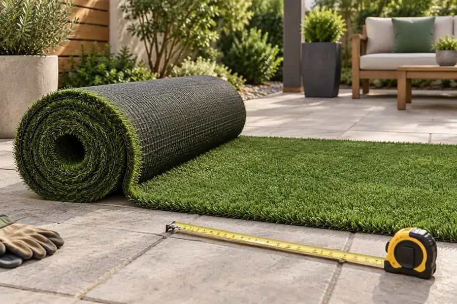 roll of artificial grass on a patio work area with unrolled turf strip and tape measure, clearly synthetic lawn — concept illustration