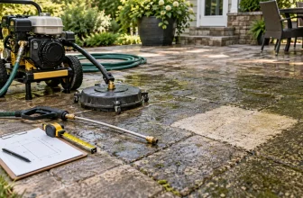 Pressure-washing equipment beside a measured patio test patch