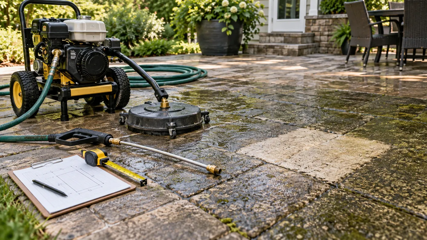 Pressure-washing equipment beside a measured patio test patch