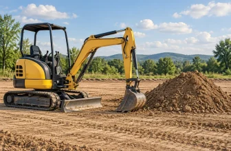 Idle compact excavator beside a mound of soil on level construction ground.