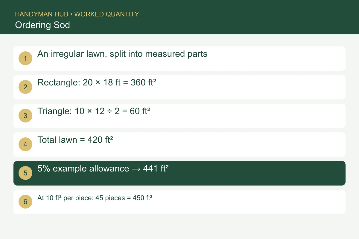 An irregular lawn, split into measured parts. Rectangle: 20 × 18 ft = 360 ft². Triangle: 10 × 12 ÷ 2 = 60 ft². Total lawn = 420 ft². 5% example allowance → 441 ft². At 10 ft² per piece: 45 pieces = 450 ft²