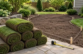 fresh rolls of sod beside a small irregular lawn outlined with string and measuring tape — concept illustration