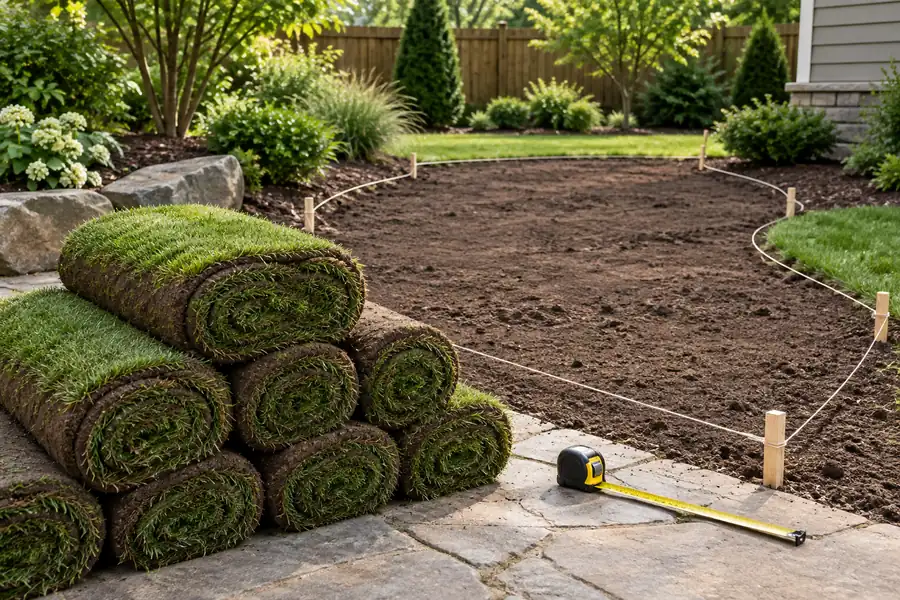 fresh rolls of sod beside a small irregular lawn outlined with string and measuring tape — concept illustration