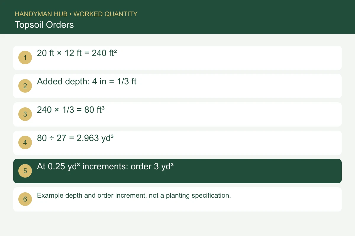 20 ft × 12 ft = 240 ft². Added depth: 4 in = 1/3 ft. 240 × 1/3 = 80 ft³. 80 ÷ 27 = 2.963 yd³. At 0.25 yd³ increments: order 3 yd³. Example depth and order increment, not a planting specification.