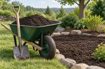 wheelbarrow of dark screened topsoil beside a newly prepared planting area, shovel leaning on wheelbarrow — concept illustration