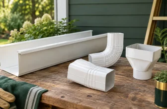 White gutter channel, downspout elbows and outlet fitting arranged on a workbench, clear recognisable separate pieces — concept illustration
