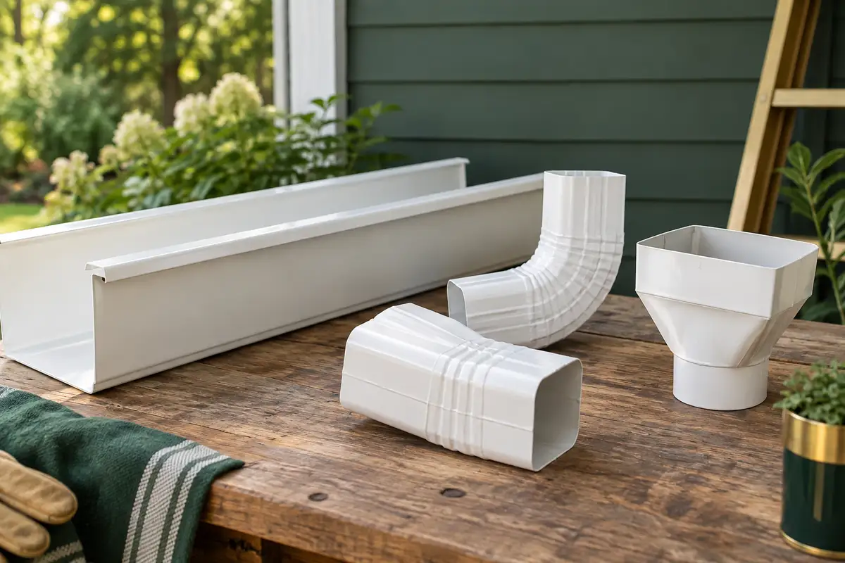 White gutter channel, downspout elbows and outlet fitting arranged on a workbench, clear recognisable separate pieces — concept illustration