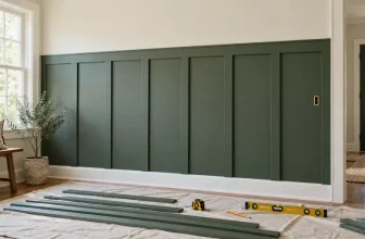 Measured green board-and-batten wall paneling with tools and cut battens