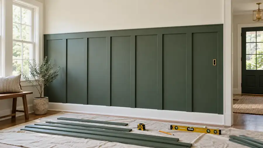 Measured green board-and-batten wall paneling with tools and cut battens