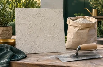 A textured pale warm-gray stucco sample panel with clean trowel and unbranded bag of dry mix on workbench — concept illustration