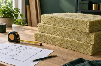 Several neat mineral wool insulation batts beside a measuring tape and simple floor plan on clean workshop table — concept illustration