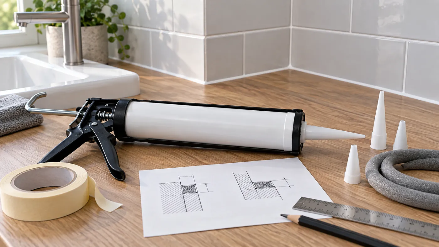 Sealant cartridge quantity planning with caulk gun, backer rod and joint sketch