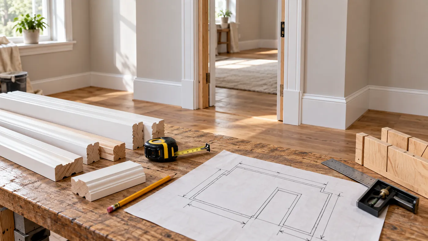 Skirting and architrave stock planning with mouldings, tape and mitre box