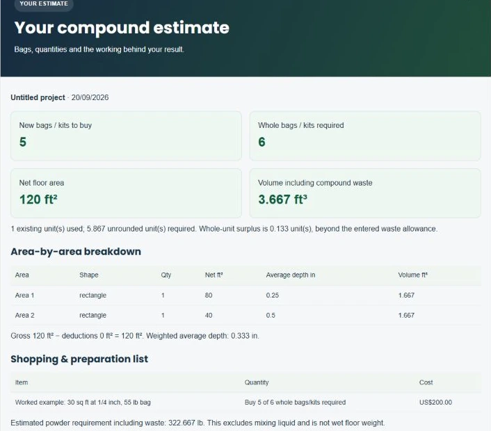 Live self-leveling calculator showing six required bags, one stock bag and five new bags for two depth zones