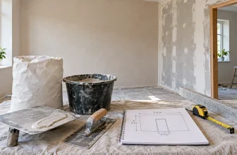 Plastering tools, finishing plaster and a measured wall sketch prepared for a skim coat estimate