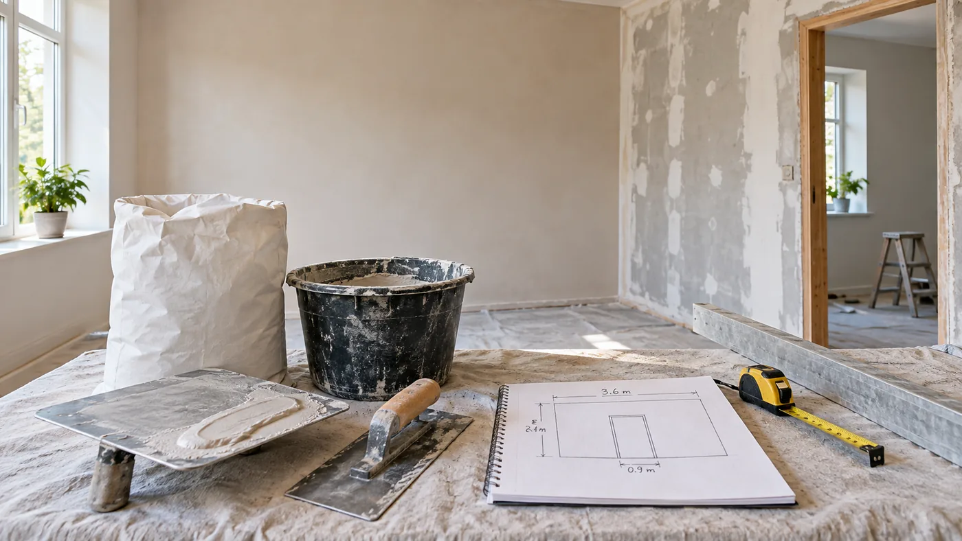 Plastering tools, finishing plaster and a measured wall sketch prepared for a skim coat estimate