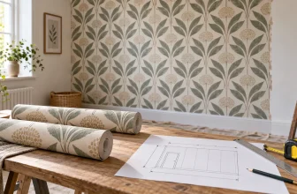 Wallpaper rolls, measuring tools and aligned patterned drops prepared for a wallpaper quantity estimate