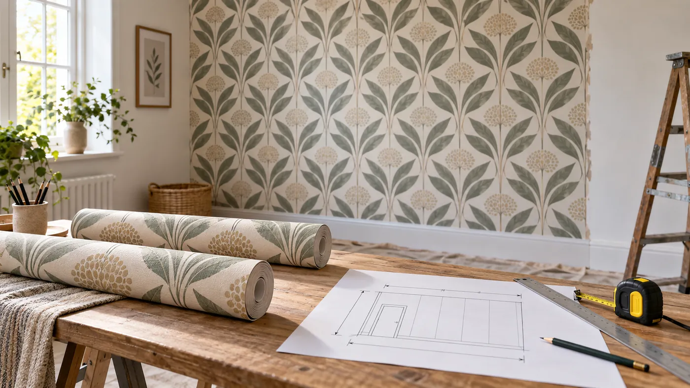 Wallpaper rolls, measuring tools and aligned patterned drops prepared for a wallpaper quantity estimate